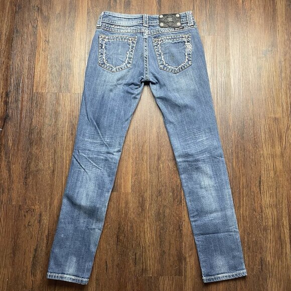 Miss Me Jeans Womens 27 Blue Denim Skinny Low Rise Pockets Rhinestones - Picture 2 of 12